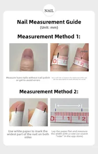 Size guide for press-on nails showing how to measure nail width with a ruler in mm
