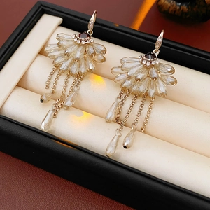 Detail of gold crystal tassel earrings with sparkling teardrop beads in a gift box