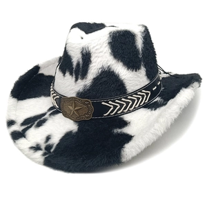 Western Cowboy Hat Cow Print Faux Fur Plush Wide Brim Retro Fedora With Star Buckle Decorative Band For Party Costume