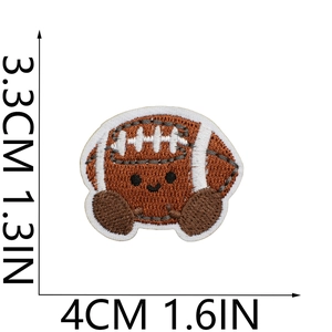 Macro shot showing dimensions of brown cartoon rugby embroidery patch measuring 3.3x4cm