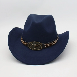 Detail of navy western hat featuring a bull head buckle and braided brown leather band