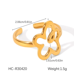 Macro detail of gold-plated open ring featuring a hollow flower design and polished finish