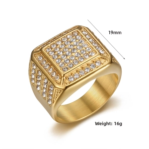 Detail view of 19mm gold-plated hip hop signet ring with full pavé cubic zirconia