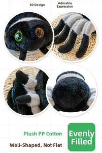 Detailed view of plush black spider doll features showing big eyes and PP cotton filling