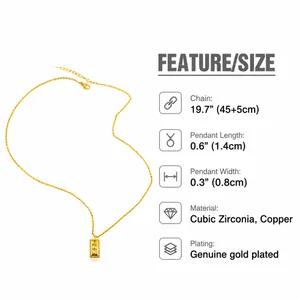 Maattabel voor vergulde FE symbool ketting met zirkonia hanger en afmetingen