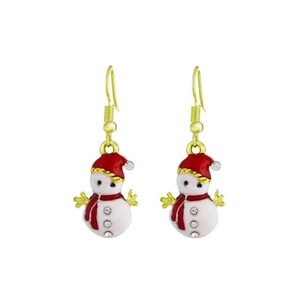 Detail of Christmas snowman earrings with gold hooks, red accents, and sparkling rhinestones