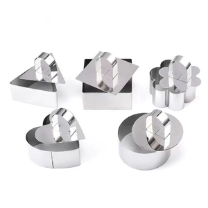 5-piece stainless steel cake mold set with pushers in heart, round, and square shapes