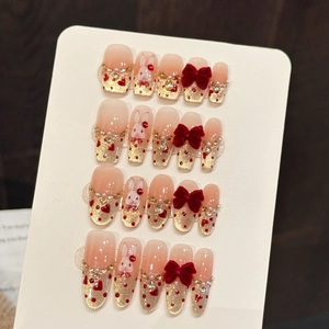 Handmade Press On Nails Long Coffin 3D Red Velvet Bow White Rabbit Pattern Gold Glitter Rhinestone Faux Artificial Pearl Festive