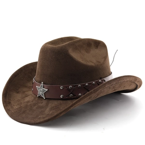 Dark brown suede western cowboy hat with leather band and vintage star emblem