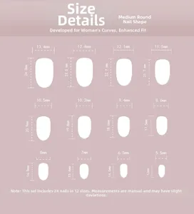 Size chart for pink medium round press-on nails with 24 pieces in 12 detailed dimensions