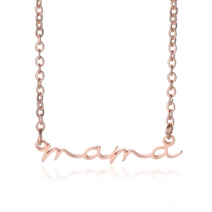 Close-up of rose gold Mama necklace pendant with polished finish and O-chain detail