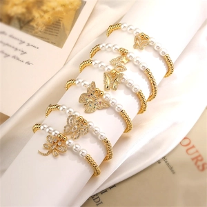 Fashion Beaded Bracelet Gold Plated Copper Beads Imitation Artificial Pearl Butterfly Dragonfly Charm Zircon Inlaid Elegant Jewelry