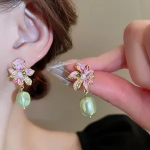 Flower Artificial Pearl Drop Earrings With Pink Enamel Zircon And 925 Sterling Silver Earring Post French Retro Elegant Sweet Women