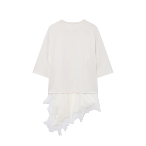 Damen Kurzarm T-Shirt mit Rundhalsausschnitt und unregelmäßigem Spitzensaum in Beige