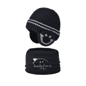 Winter knit hat and scarf set for boys with fleece lining and cat embroidery