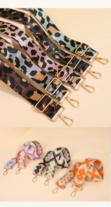 Detail of bohemian shoulder straps with leopard and geometric woven patterns