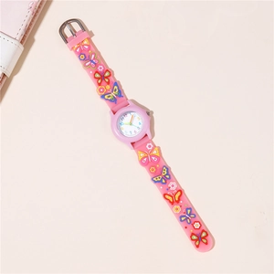Kids pink quartz watch with 3D butterfly patterns and colorful Arabic numerals dial