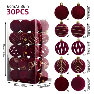 Lot de 30 boules de Noël en velours rouge foncé 6cm avec paillettes d'or et emballage