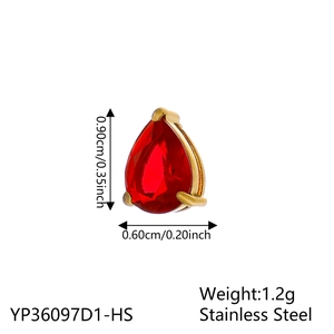 Macro detail of red zircon water drop pendant with precise dimensions and stainless steel texture