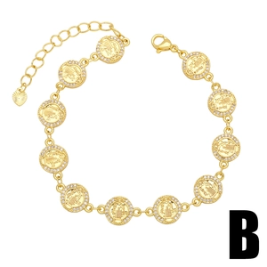 Hip hop gold bracelet with ten sparkling rhinestone encrusted religious coin pendants