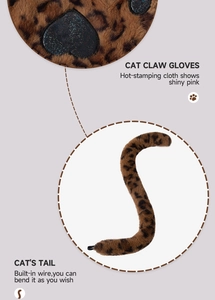 Detail of leopard print cat paw gloves with pink heart pads and adjustable wire tail