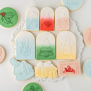 Weihnachts Plätzchen Ausstecher Fondant Präger Weihnachtsmann Schneemann Baum Haus Kunststoff Acryl Backwerkzeug