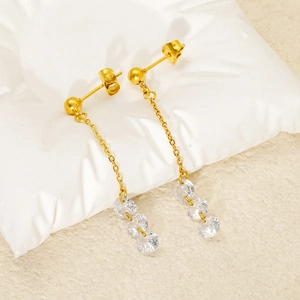 Boucles D'oreilles Pendantes À Franges En Acier Inoxydable Plaqué Or Zircon Géométrique Simple Pour Femmes