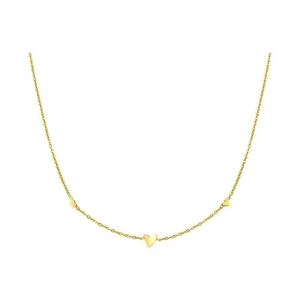 Minimalist gold heart pendant necklace with three small charms on a thin chain