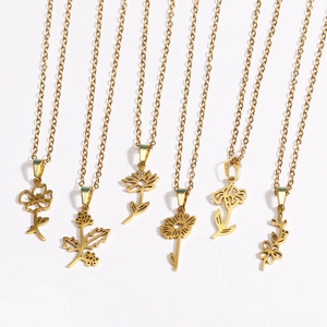 Six 18k gold plated stainless steel necklaces featuring distinct hollow floral pendants