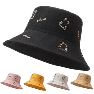 Cotton Bucket Hat With Bear Embroidery Unique Lettering Sun Protection Outdoor Travel Casual Summer Sweet For Women