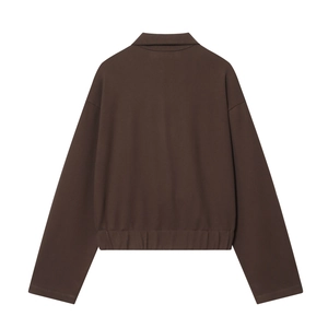 Back view of a minimalist dark brown cropped jacket with elasticated hem on white background