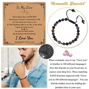 Bracelet couple en œil de tigre et pierre magnétique avec projection Je t'aime en 100 langues