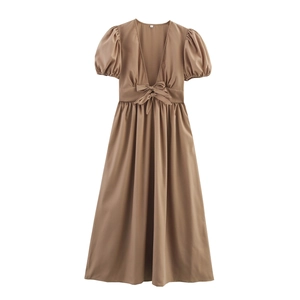 Elegant French Style Maxi Dress Polyester Deep V Neck Short Puff Sleeve High Waist Pleated Solid Color Vintage Women