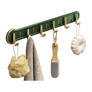 Green and gold wall-mounted bathroom hook rack with six hooks for towels and brushes