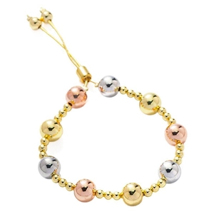 Three-tone beaded copper bracelet with gold, silver and rose gold adjustable drawstring