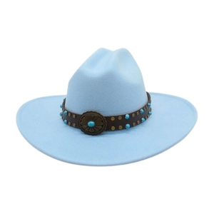 Vintage light blue wide brim felt fedora hat with turquoise leather belt buckle