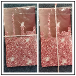 Detailed size measurement of rose gold sequin tablecloth in clear plastic packaging
