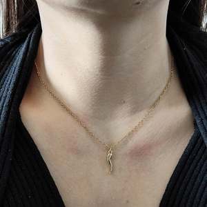 Macro shot of gold chili pendant on a minimalist chain worn on a dark sweater