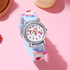 Close-up of kids quartz watch with 3D unicorn silicone strap and easy-to-read numeric dial
