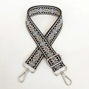 Detail of 3.8cm canvas strap with khaki geometric weave and silver metal hooks