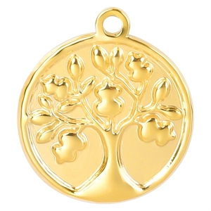 Detailed close-up of 18k gold plated stainless steel tree of life pendant with relief