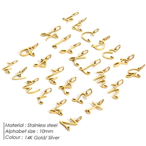 Detail view of 10mm 14K gold-plated stainless steel A-Z alphabet charms for DIY jewelry