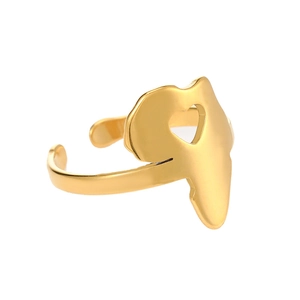 Detailed close-up of gold Africa map ring with heart cutout on white background
