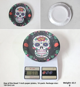 Detail of 7-inch Day of the Dead paper plates featuring sugar skull and floral patterns
