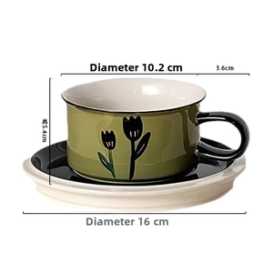 Detailed ceramic coffee cup and saucer dimensions with hand-painted floral pattern