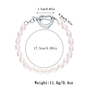 Detail view of 925 silver heart OT buckle on freshwater pearl necklace with dimensions