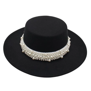 Elegant black wool felt boater hat featuring luxury white pearl embellishments for women