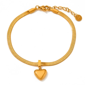Chic gold-plated stainless steel wide flat snake chain bracelet with heart pendant charm