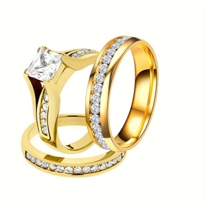 Elegant gold-tone zircon ring set with square-cut main stone and two pave bands