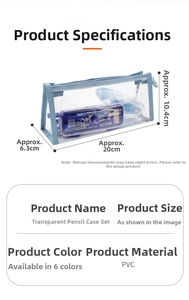 Detail view of sky blue transparent PVC pencil case with 20x10.4x6.3cm size markings